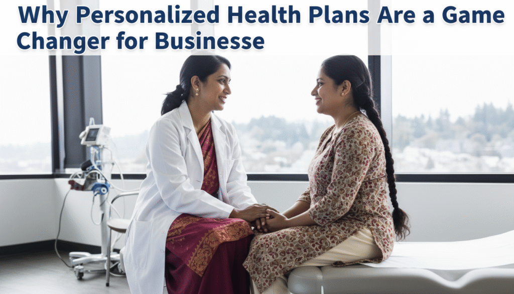 A female doctor in a white coat warmly talks with a smiling woman sitting on an examination table in a bright, modern clinic. They are holding hands, conveying care and trust. The large windows behind them reveal a blurred cityscape, creating a calm and professional atmosphere. The image visually represents personalized healthcare and supportive doctor-patient relationships.