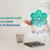 A doctor in a white coat extends an open hand, displaying floating teal hexagonal medical icons representing healthcare elements like a cross, stethoscope, and DNA strand. The background is softly blurred with a notebook and pen on the table. The text on the image reads, “Why Personalized Health Plans Are a Game Changer for Businesses.”