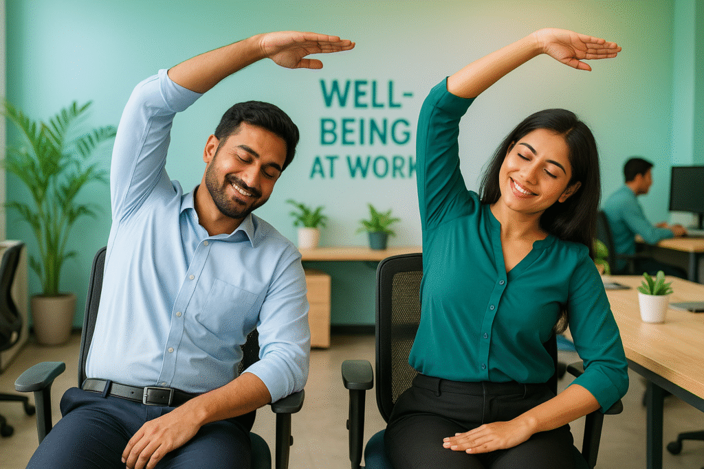A man and a woman performing office wellness stretches in a bright, green-themed office. Both are seated in ergonomic chairs with their arms raised in a stretch, smiling and relaxed. The background displays the words 'WELL-BEING AT WORK' on the wall, and plants are placed on the desks."