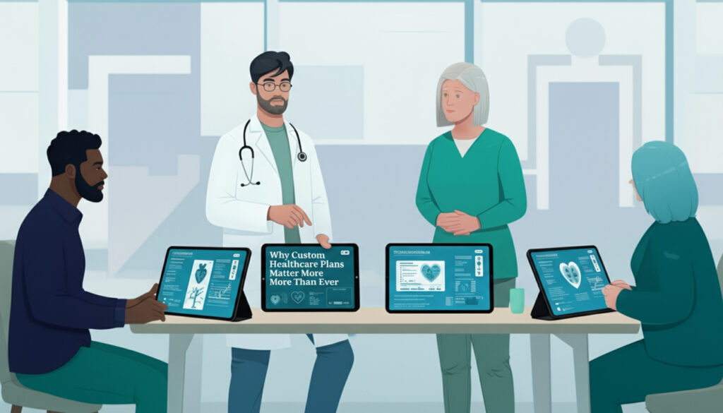 A modern healthcare meeting scene showing four professionals—three seated and one standing doctor—discussing personalized medical plans. Each person has a digital tablet displaying medical charts, heart health data, and a screen reading “Why Custom Healthcare Plans Matter More Than Ever.” The background features a bright, minimalist hospital office setting with large windows, symbolizing innovation and digital health collaboration
