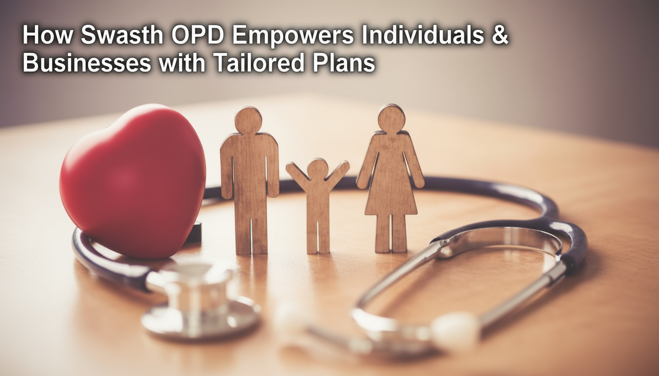 A symbolic image representing healthcare and family protection. It shows a red heart and a stethoscope on a wooden table beside wooden cutouts of a family—father, mother, and child—standing together. The image conveys themes of health, care, and well-being. Text on the image reads: “How Swasth OPD Empowers Individuals & Businesses with Tailored Plans.”