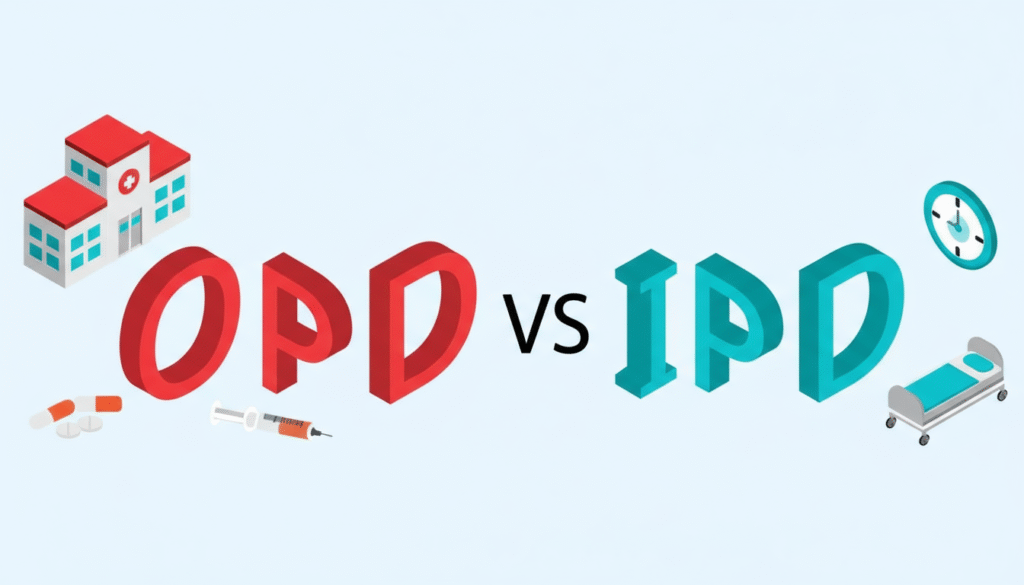 3D illustration showing “OPD vs IPD” comparison. The red “OPD” side features a hospital building, pills, and a syringe symbolizing outpatient care, while the teal “IPD” side includes a hospital bed and a clock, representing inpatient treatment. The background is light blue, conveying a clean and medical theme.