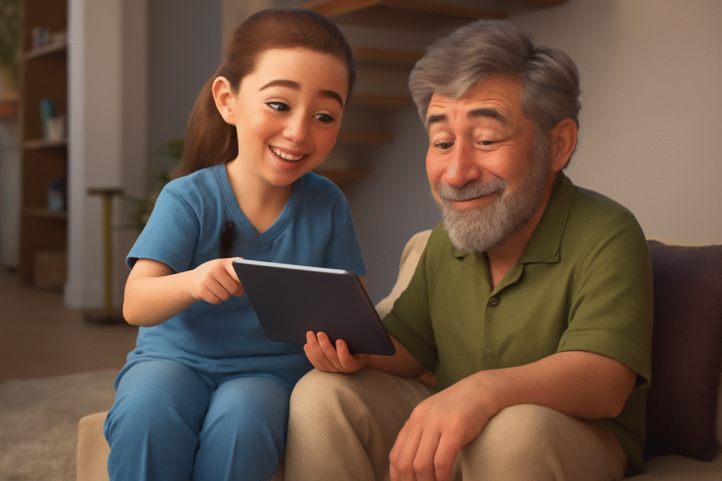The image shows a young girl and an elderly man sitting together on a couch. The girl, wearing a blue shirt, is excitedly showing something on a tablet to the man, who is smiling warmly. They both appear engaged and happy in the moment. The background features a simple, cozy living room setting with soft lighting.