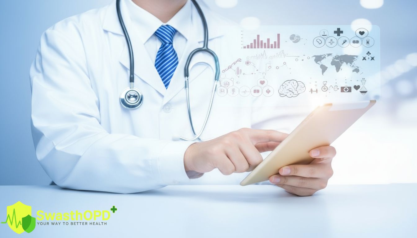 A doctor in a white coat with a stethoscope using a tablet, with digital health icons, graphs, and world map projected in the background. The image is branded with the SwasthOPD logo and tagline 'Your Way to Better Health.'"