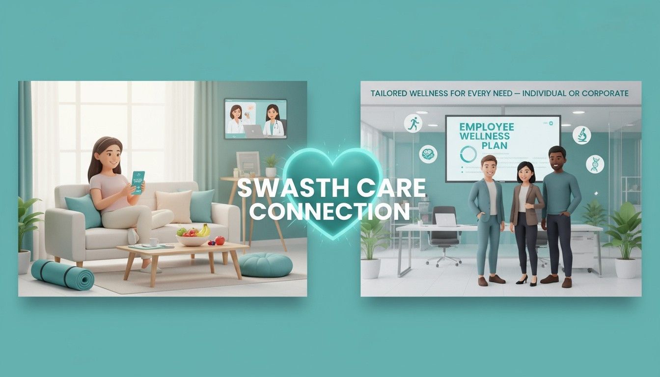 A 3D illustration showing the concept of “Swasth Care Connection.” On the left, a woman sits on a sofa at home, smiling while using her phone for an online doctor consultation, with a yoga mat and fruits nearby representing personal wellness. In the center, a glowing teal heart connects her to the right side, where three professionals stand in a modern office beside a digital screen labeled “Employee Wellness Plan.” The background text reads “Tailored Wellness for Every Need — Individual or Corporate,” symbolizing how SwasthOPD connects individual and corporate health care through personalized plans.