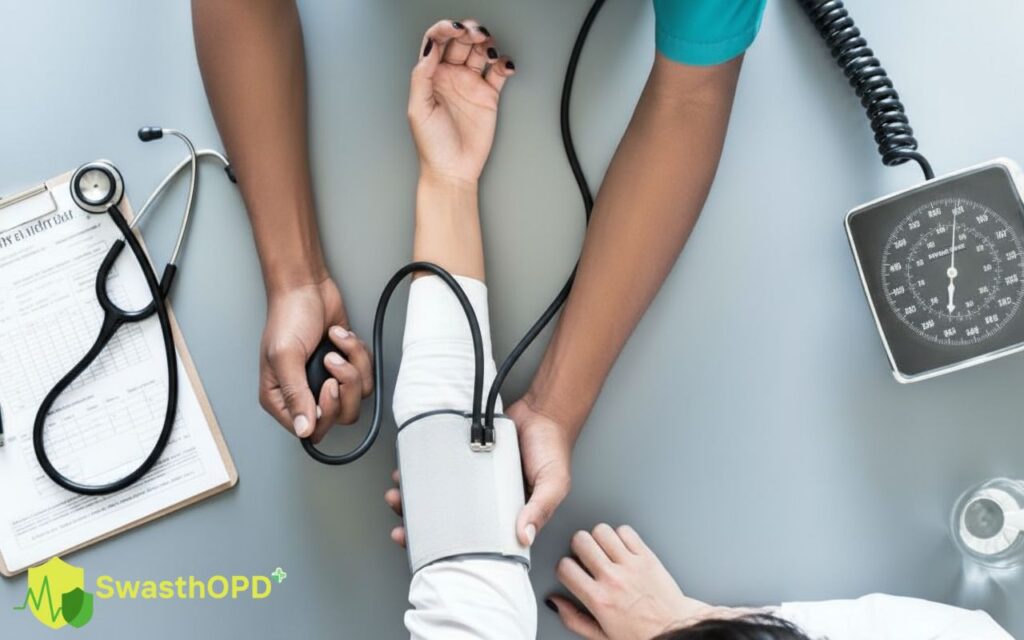 "Two healthcare professionals performing a blood pressure measurement on a patient. One professional is using a stethoscope, while the other is inflating the cuff on the patient's arm. A blood pressure monitor is visible in the background along with a clipboard containing medical documents. The SwasthOPD logo is placed at the bottom left corner."