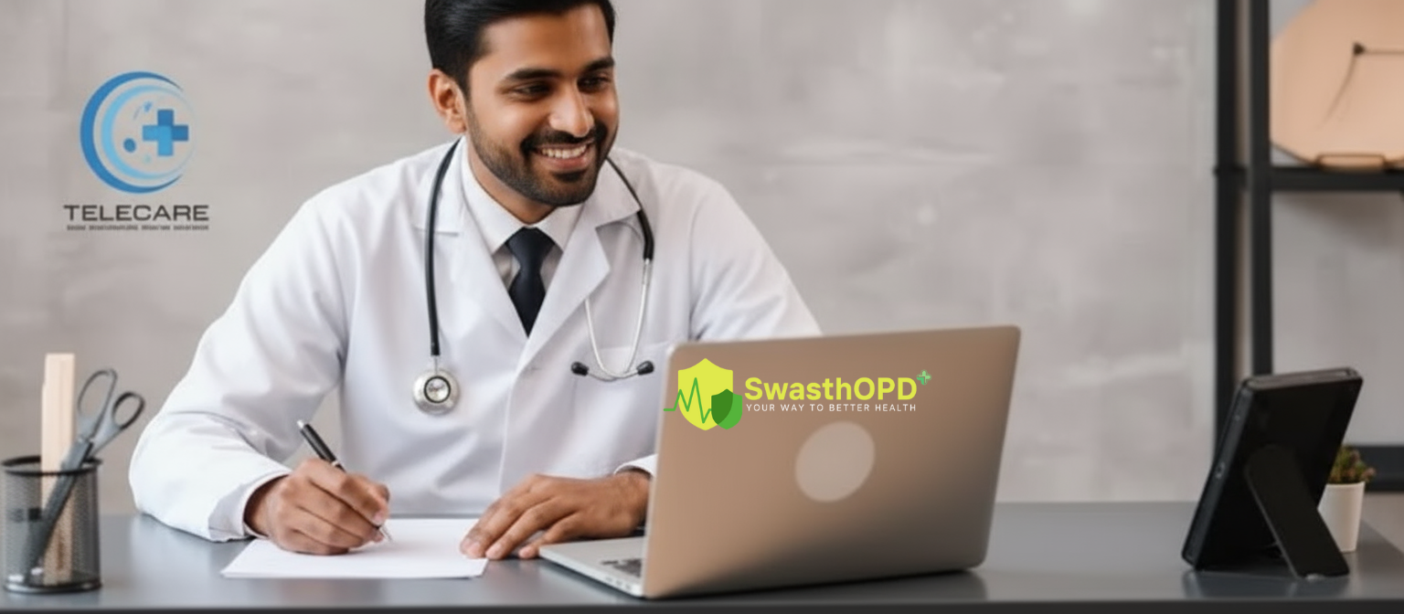 A doctor wearing a white coat smiling while working on a laptop, with a stethoscope around his neck. The desk has a notepad, pen, and some office supplies. The SwasthOPD logo is visible in the bottom right corner, and the Telecare logo is in the top left corner. The background features a minimalistic office setup with bookshelves and a small plant