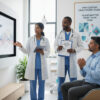 A diverse team of three doctors presents a “Personalized Health Strategy” to a male patient in a modern clinic. One doctor points to a digital screen showing colorful data waves, while another holds a clipboard labeled “Custom Healthcare Plan.” The patient listens attentively, seated and engaged. The bright, professional office features posters on the wall reading “Why Custom Healthcare Plans Matter More Than Ever,” emphasizing the importance of personalized medical care.