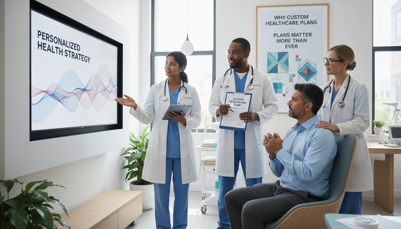 A diverse team of three doctors presents a “Personalized Health Strategy” to a male patient in a modern clinic. One doctor points to a digital screen showing colorful data waves, while another holds a clipboard labeled “Custom Healthcare Plan.” The patient listens attentively, seated and engaged. The bright, professional office features posters on the wall reading “Why Custom Healthcare Plans Matter More Than Ever,” emphasizing the importance of personalized medical care.