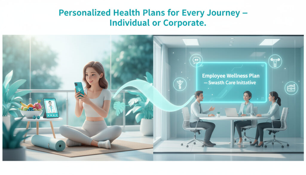 A split 3D illustration showing how SwasthOPD’s personalized health plans cater to both individuals and corporates. On the left, a young woman practices yoga at home while consulting a doctor online via tablet, symbolizing individual wellness. On the right, a team of professionals discuss an “Employee Wellness Plan – Swasth Care Initiative” in a modern office, representing corporate healthcare. A glowing teal wave connects both sides, illustrating holistic health coverage for all.
