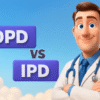 A Pixar-style 3D illustration showing a smiling doctor with blue eyes, brown hair, and a stethoscope around his neck. The background is a bright blue sky with soft clouds. On the left, two bold purple boxes display the text “OPD” and “IPD,” separated by “VS” in the middle, representing a comparison between outpatient and inpatient care.
