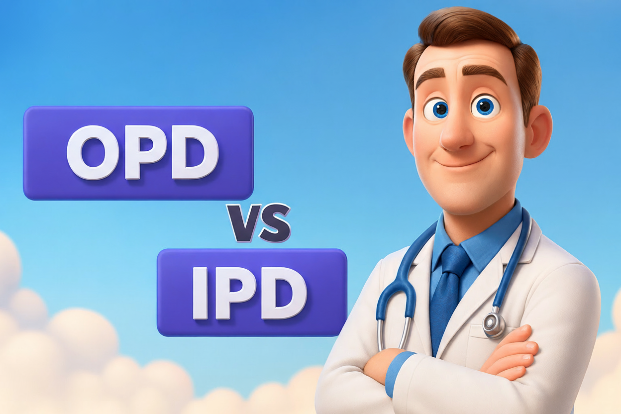 A Pixar-style 3D illustration showing a smiling doctor with blue eyes, brown hair, and a stethoscope around his neck. The background is a bright blue sky with soft clouds. On the left, two bold purple boxes display the text “OPD” and “IPD,” separated by “VS” in the middle, representing a comparison between outpatient and inpatient care.