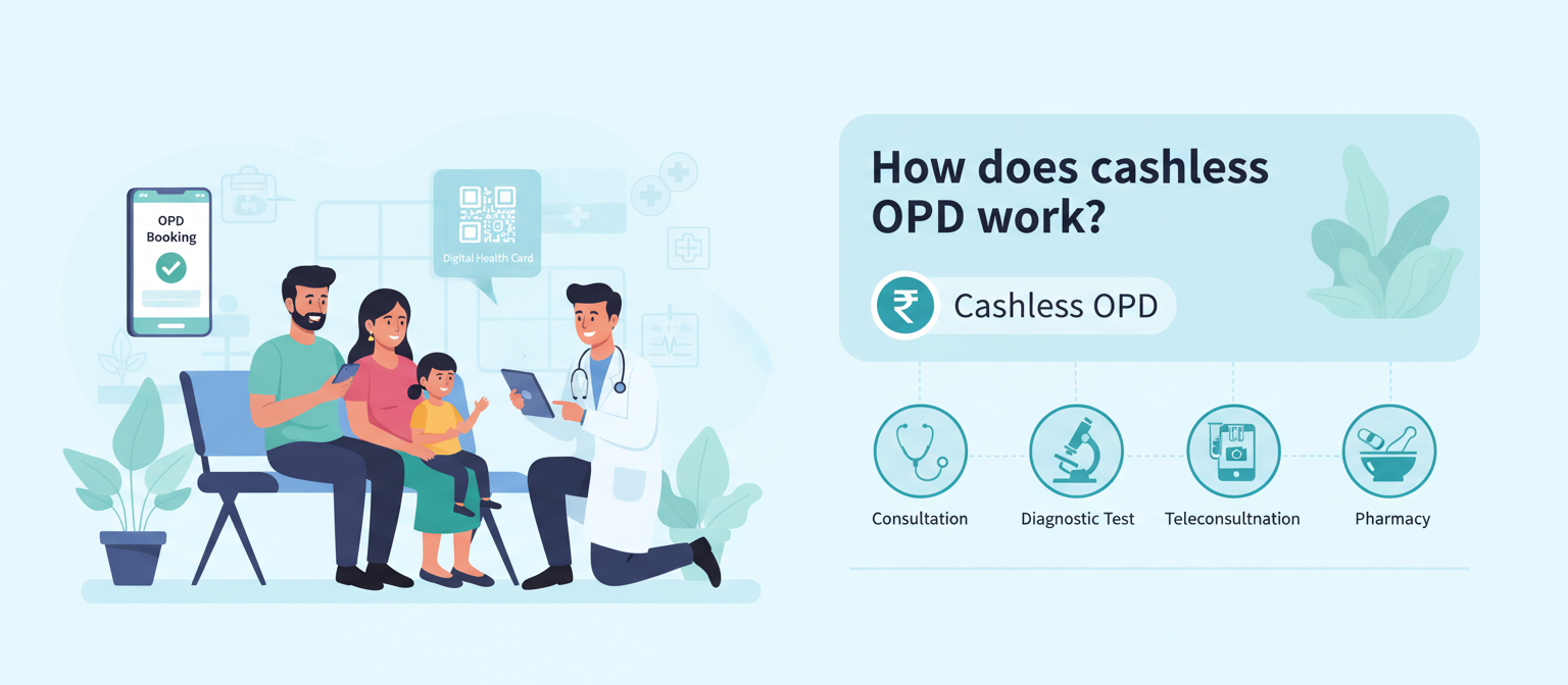 Illustration explaining how does cashless OPD work, showing an Indian family using digital OPD booking and health card to access consultation, diagnostic tests, teleconsultation, and pharmacy services at a clinic.