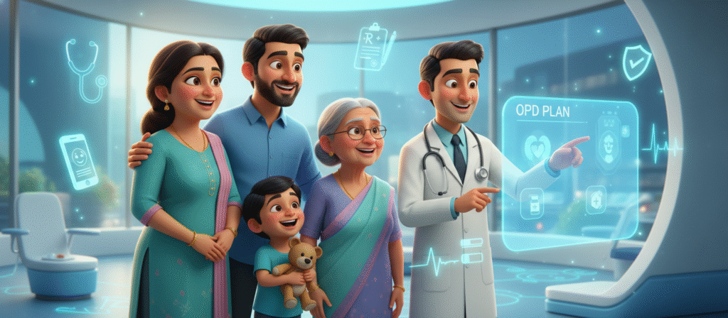 "Pixar-style illustration showing a happy Indian family with a doctor inside a modern clinic, reviewing a digital OPD plan screen. The scene visually represents How to choose the best OPD plan for your family, with glowing icons for teleconsultation, prescriptions, heart health, and wellness benefits. Bright teal and blue tones create a warm, high-quality healthcare theme."