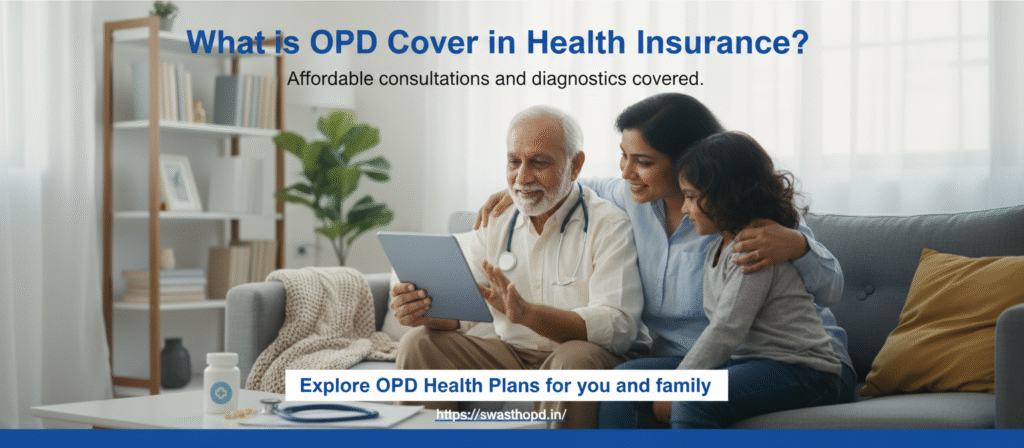 An elderly man, his daughter, and granddaughter are sitting together on a couch, smiling as they engage in a teleconsultation with a doctor on a tablet. The image conveys the concept of What is OPD Cover in Health Insurance, emphasizing affordable healthcare options. A stethoscope, medicine bottle, and hospital icons are visible in the scene. The call-to-action "Explore OPD Health Plans for you and family" and the website URL https://swasthopd.in/
are featured.