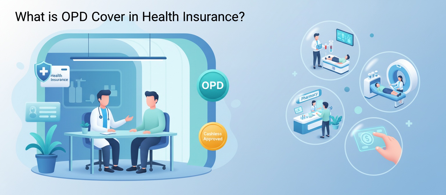 Illustration showing a doctor consulting a patient inside a clinic with “Health Insurance” and “OPD” icons. On the right, small circular graphics depict medical services like lab tests, MRI scans, pharmacy visits, and digital payment. The image visually explains OPD (Outpatient Department) cover in health insurance, highlighting cashless approval and outpatient treatment benefits. Opd Cover In Health insurance
