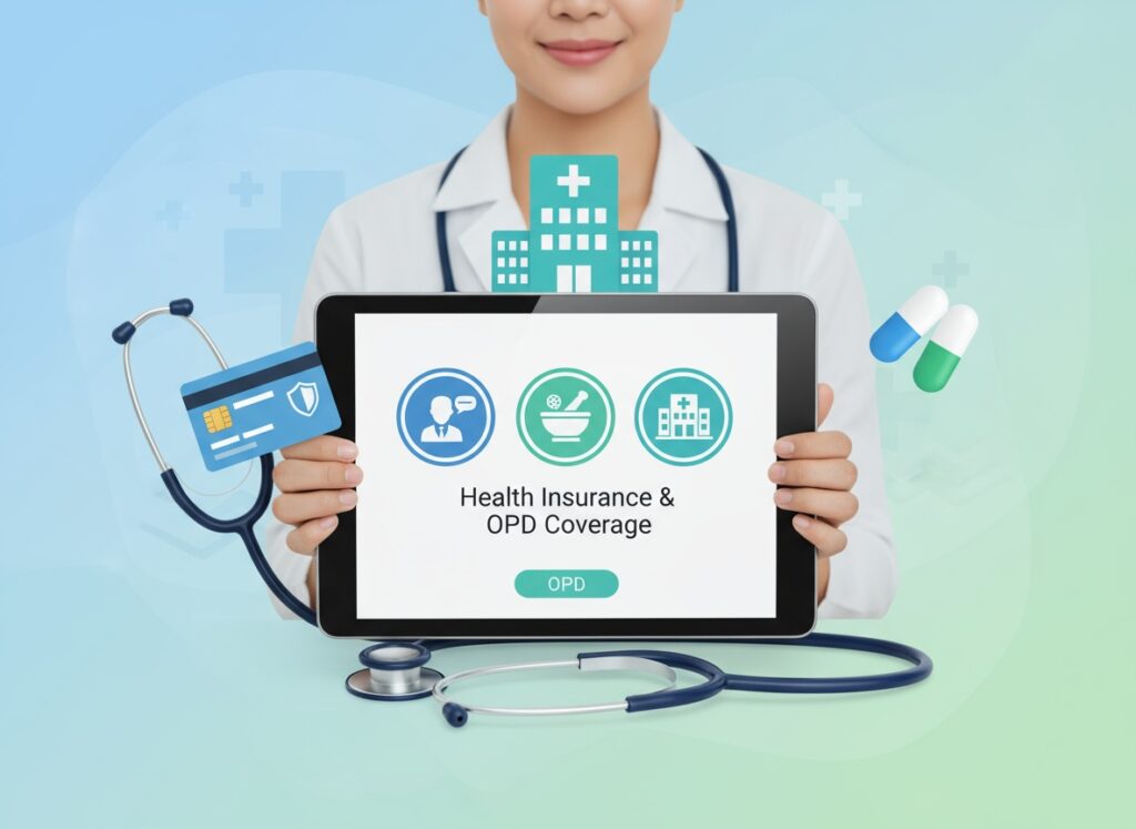 A doctor holding a tablet displaying the text 'Health Insurance & OPD Coverage' with icons representing a medical consultation, pharmacy, and a hospital. The background is a light blue and green gradient with health-related symbols such as a stethoscope, a credit card, and medication capsules. The image emphasizes the theme of health insurance with outpatient (OPD) care coverage."