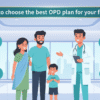 "How to choose the best OPD plan for your family illustrated through a 2D image of a happy Indian family standing with a doctor in a modern clinic. Medical icons like prescription, stethoscope, medicine bottle, health report, and heart wellness surround them, highlighting preventive care and OPD benefits in a clean blue-teal healthcare environment."