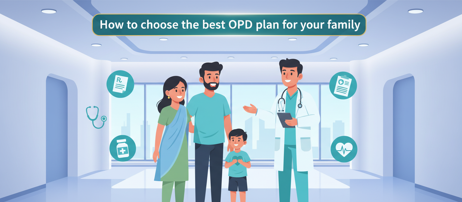 "How to choose the best OPD plan for your family illustrated through a 2D image of a happy Indian family standing with a doctor in a modern clinic. Medical icons like prescription, stethoscope, medicine bottle, health report, and heart wellness surround them, highlighting preventive care and OPD benefits in a clean blue-teal healthcare environment."