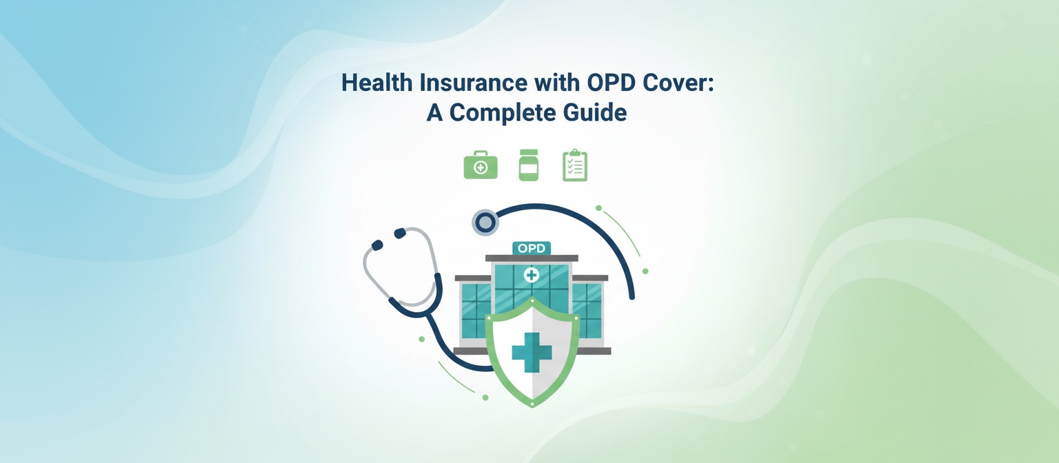 "Illustration of a modern hospital building labeled OPD with a stethoscope and medical shield symbolizing health protection, under the title 'Health Insurance with OPD Cover: A Complete Guide' on a blue and green gradient background."