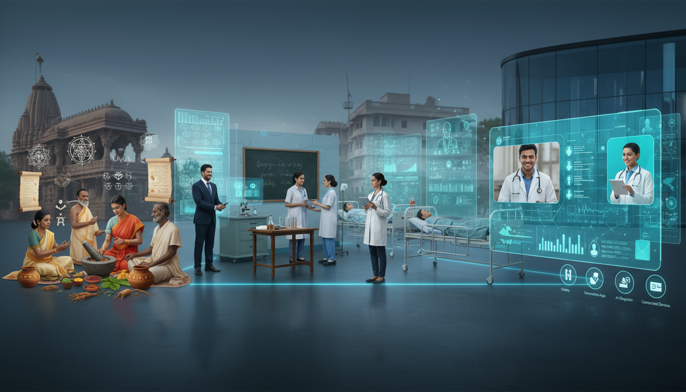 Evolution of healthcare in India — from ancient Ayurveda practitioners preparing herbal medicines near a temple to modern doctors using advanced digital health technology, AI diagnostics, and telemedicine screens in futuristic hospitals, symbolizing the journey from traditional to digital healthcare