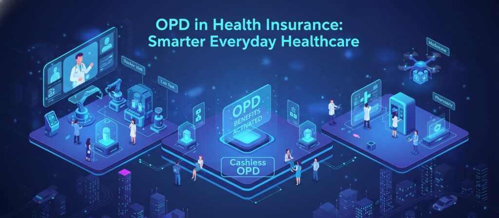 Futuristic isometric illustration showing What Is OPD Cover in Health Insurance with a digital ecosystem, including virtual doctor consultations, lab tests with robotic arms, automated pharmacy services, and a central platform displaying 'OPD Benefits Activated' and 'Cashless OPD'. The scene features holographic interfaces, smart devices, and people interacting with digital healthcare technology in a high-tech cityscape.