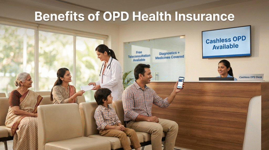 Indian family using cashless services at a modern clinic reception, highlighting the Benefits of OPD Health Insurance including teleconsultation, diagnostics, and medicine coverage.