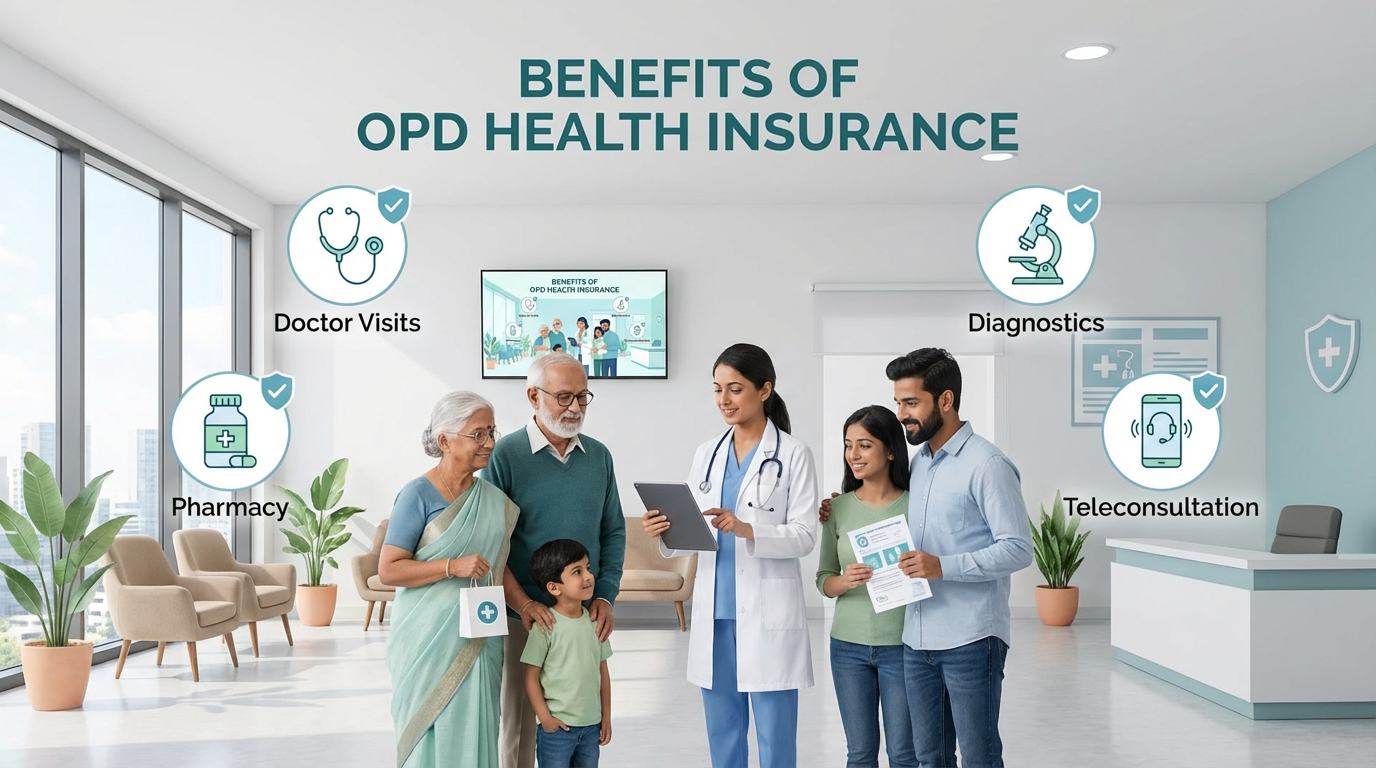 Indian family with a doctor in a modern clinic discussing benefits of OPD health insurance including doctor visits, diagnostics, pharmacy, and teleconsultation.