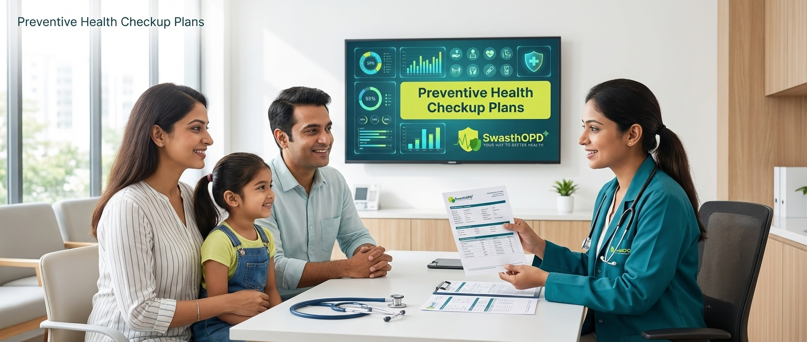 “Indian family consulting a doctor about Preventive Health Checkup Plans at an OPD clinic, with SwasthOPD branding and medical reports displayed.”