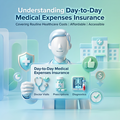 3D illustration representing day-to-day medical expenses insurance, covering doctor visits, prescriptions, and diagnostics for affordable healthcare.