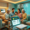 A family sitting together in a cozy living room, reviewing a digital tablet displaying health insurance and OPD coverage options, with a prescription bottle labeled 'Pharmacy Expenses Insurance' in the foreground. The tablet highlights features like Pharmacy Discounts, OPD Coverage, and Tele-consultation, representing comprehensive healthcare solutions with SwasthOPD.