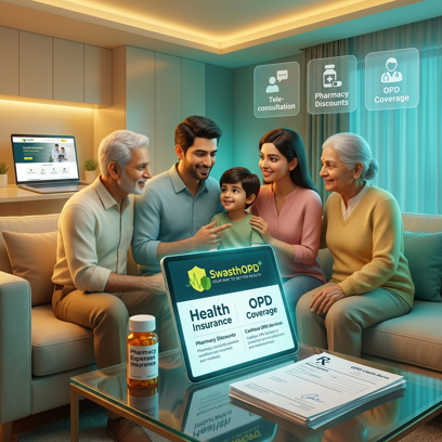 A family sitting together in a cozy living room, reviewing a digital tablet displaying health insurance and OPD coverage options, with a prescription bottle labeled 'Pharmacy Expenses Insurance' in the foreground. The tablet highlights features like Pharmacy Discounts, OPD Coverage, and Tele-consultation, representing comprehensive healthcare solutions with SwasthOPD.