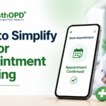 "Modern promotional banner for SwasthOPD featuring simple doctor appointment booking with mobile app interface, highlighting cashless consultations and trusted healthcare benefits."