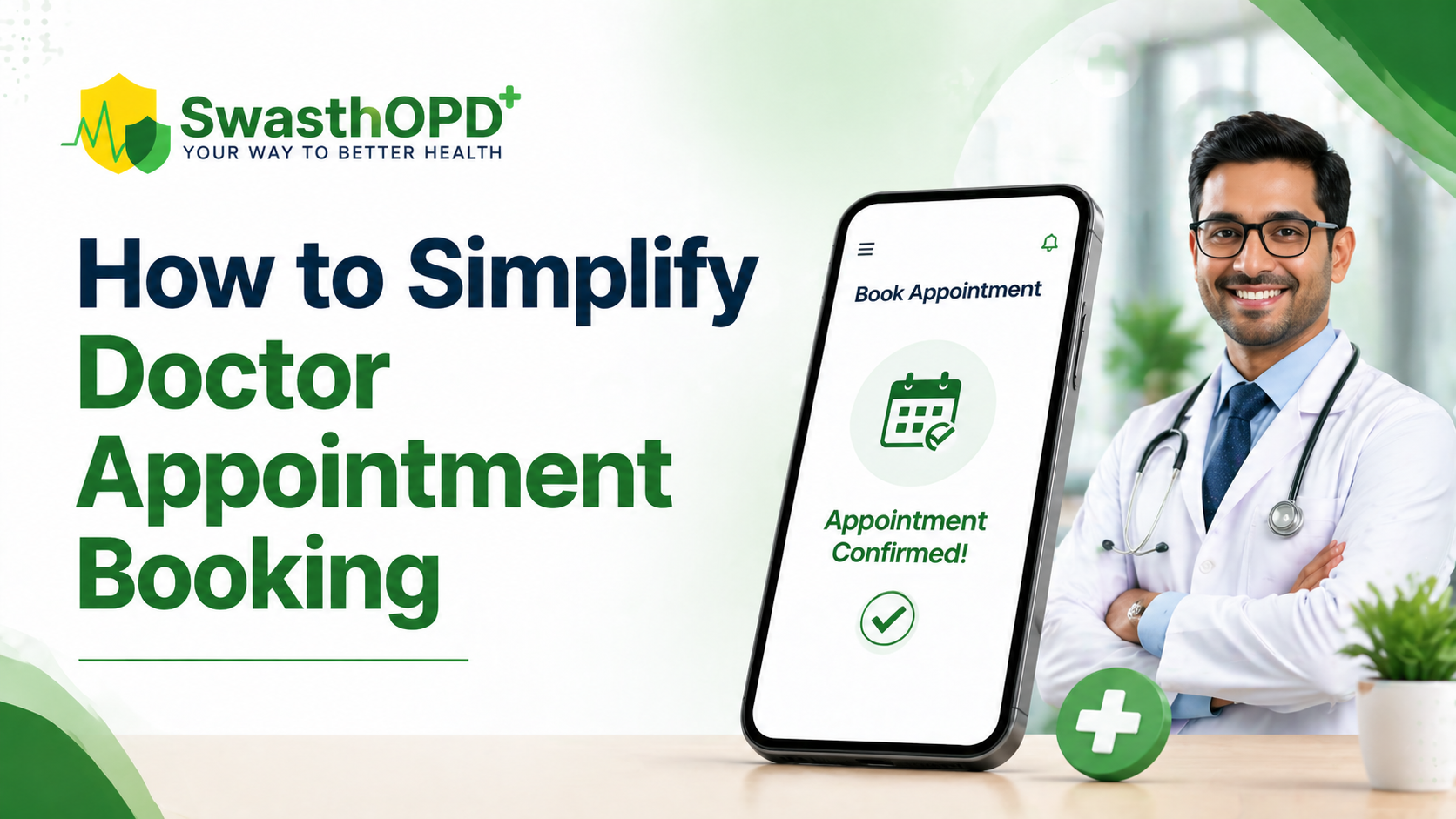 "Modern promotional banner for SwasthOPD featuring simple doctor appointment booking with mobile app interface, highlighting cashless consultations and trusted healthcare benefits."