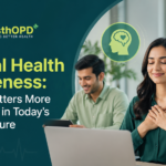 Mental health awareness in workplace showing professionals managing stress and emotional well-being with SwasthOPD