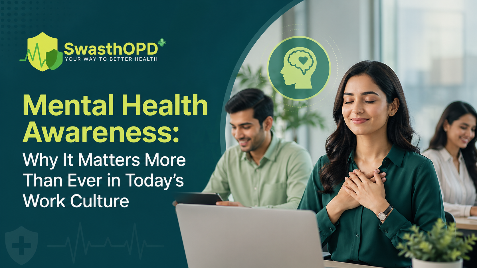 Mental health awareness in workplace showing professionals managing stress and emotional well-being with SwasthOPD