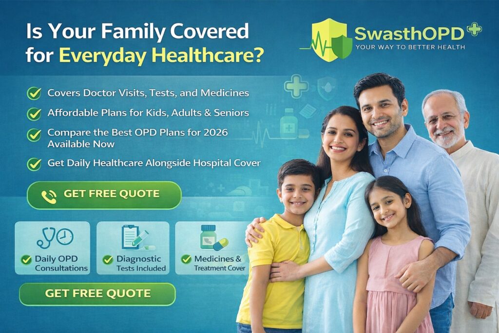 Happy Indian family with grandparents smiling together beside SwasthOPD branding, highlighting everyday healthcare coverage including doctor visits, tests, and medicines, with “Get Free Quote” call-to-action on teal background.