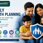 Family Health Planning awareness banner by SwasthOPD featuring a happy Indian family holding a protection shield, highlighting preventive care, regular health checkups, family wellness, healthy lifestyle, and long-term health protection.