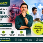 SwasthOPD healthcare awareness banner showing an Indian man choosing preventive healthcare over emergency treatment. The image highlights health awareness, early disease detection, reduced medical expenses, and regular doctor consultations. A doctor is consulting a patient on one side, while an emergency hospital scene appears on the other, emphasizing the importance of taking action before a health emergency occurs.