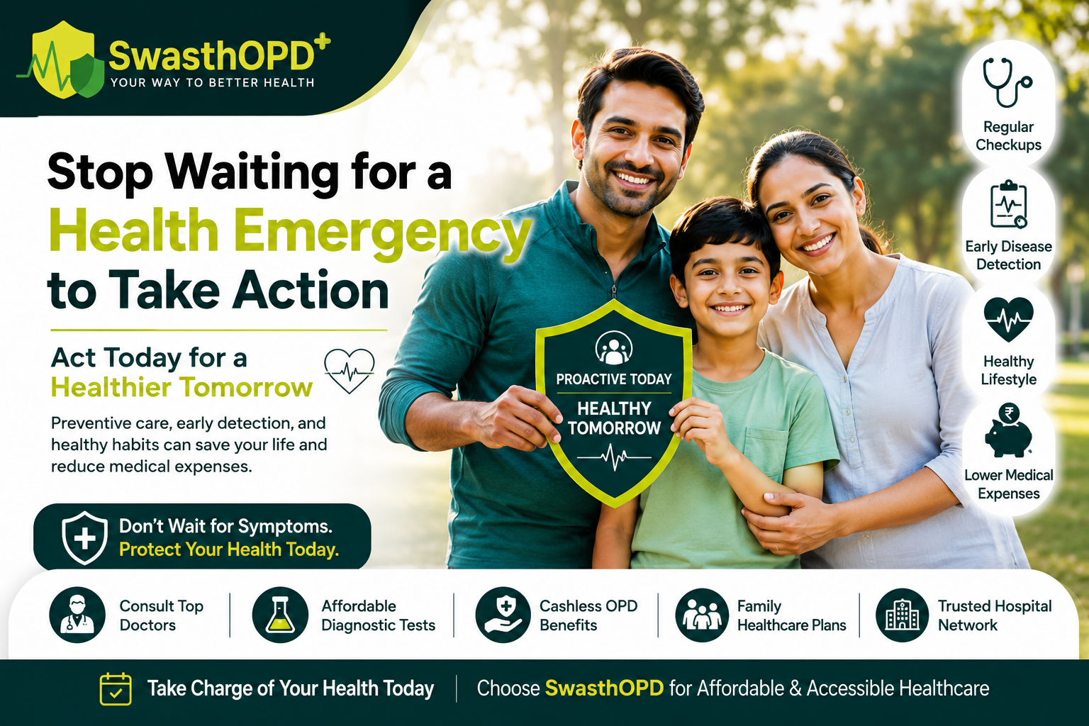 Healthcare awareness blog image showing an Indian family taking preventive healthcare actions through regular health checkups, early disease detection, and healthy lifestyle habits with SwasthOPD.