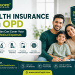 Health Insurance with OPD by SwasthOPD showing a happy Indian family accessing doctor consultations, diagnostic tests, preventive healthcare, and cashless OPD benefits under one healthcare plan.