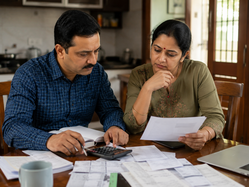 Indian family weighing routine checkup costs against monthly budget