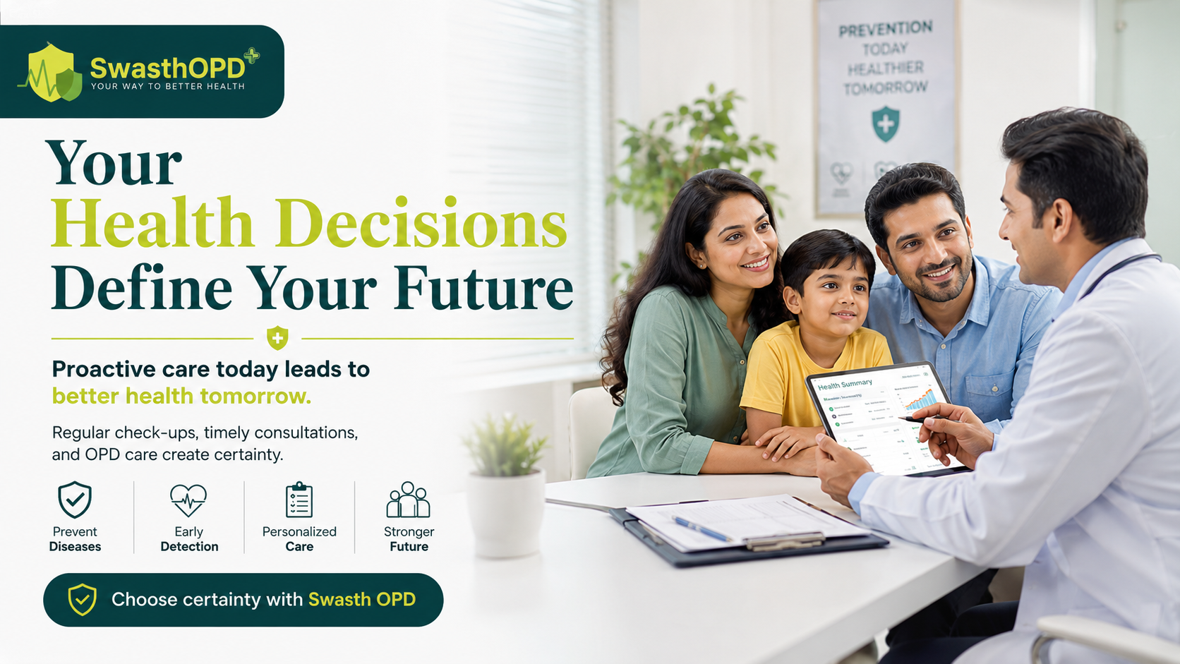 Proactive healthcare image showing an Indian family discussing health reports with a doctor through Swasth OPD for regular check-ups, timely consultations, OPD care, and long-term well-being.