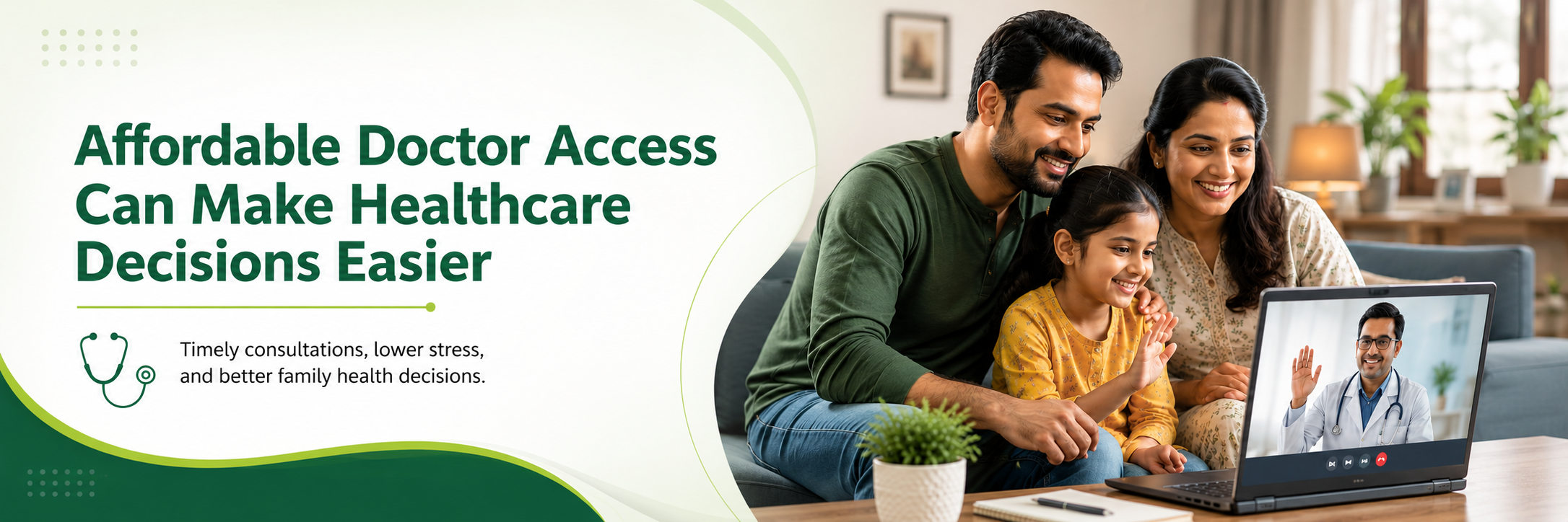 Indian family having an online doctor consultation at home, showing affordable doctor access for easier healthcare decisions.