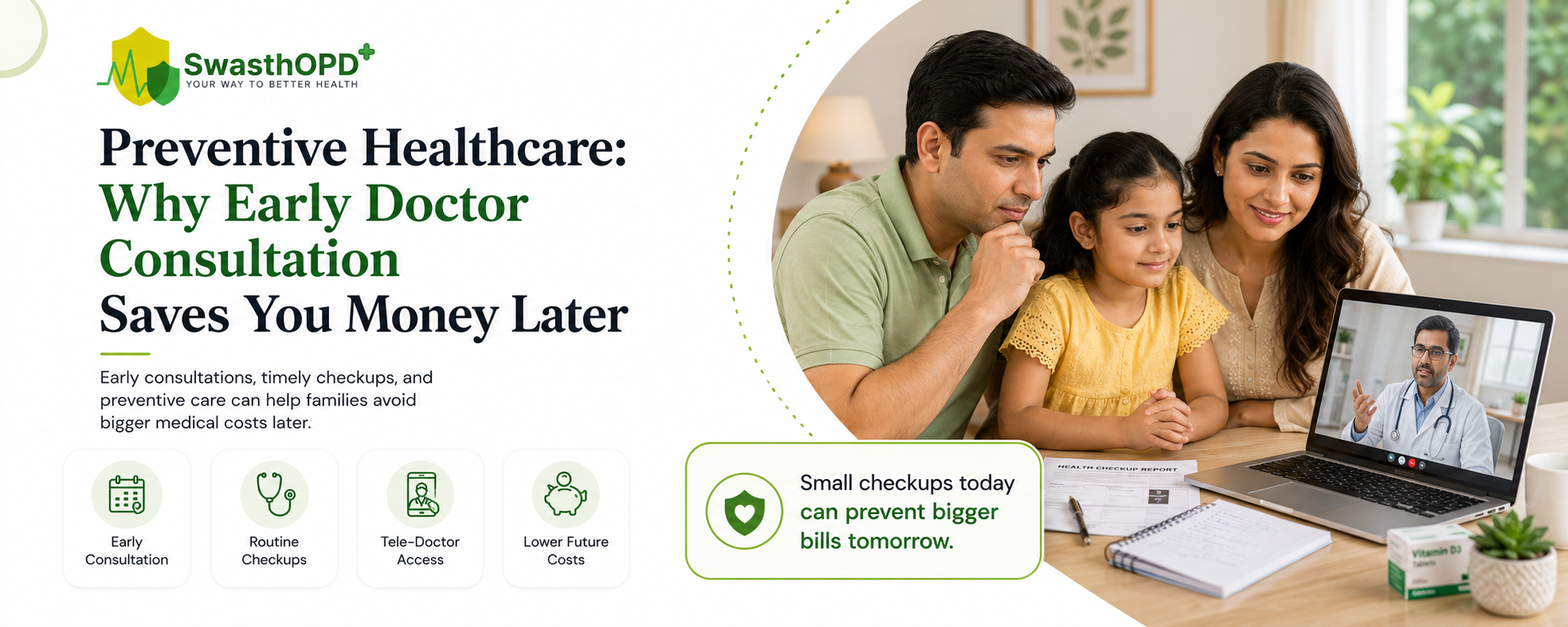 Indian family consulting a doctor online at home for preventive healthcare and lower future medical costs.