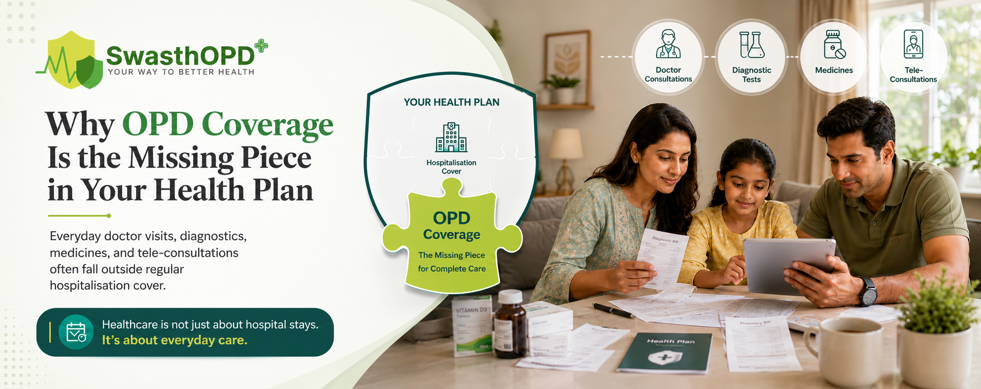 Indian family reviewing health plan documents and tablet, showing OPD coverage as the missing piece for everyday doctor consultations, diagnostic tests, medicines, and tele-consultations.