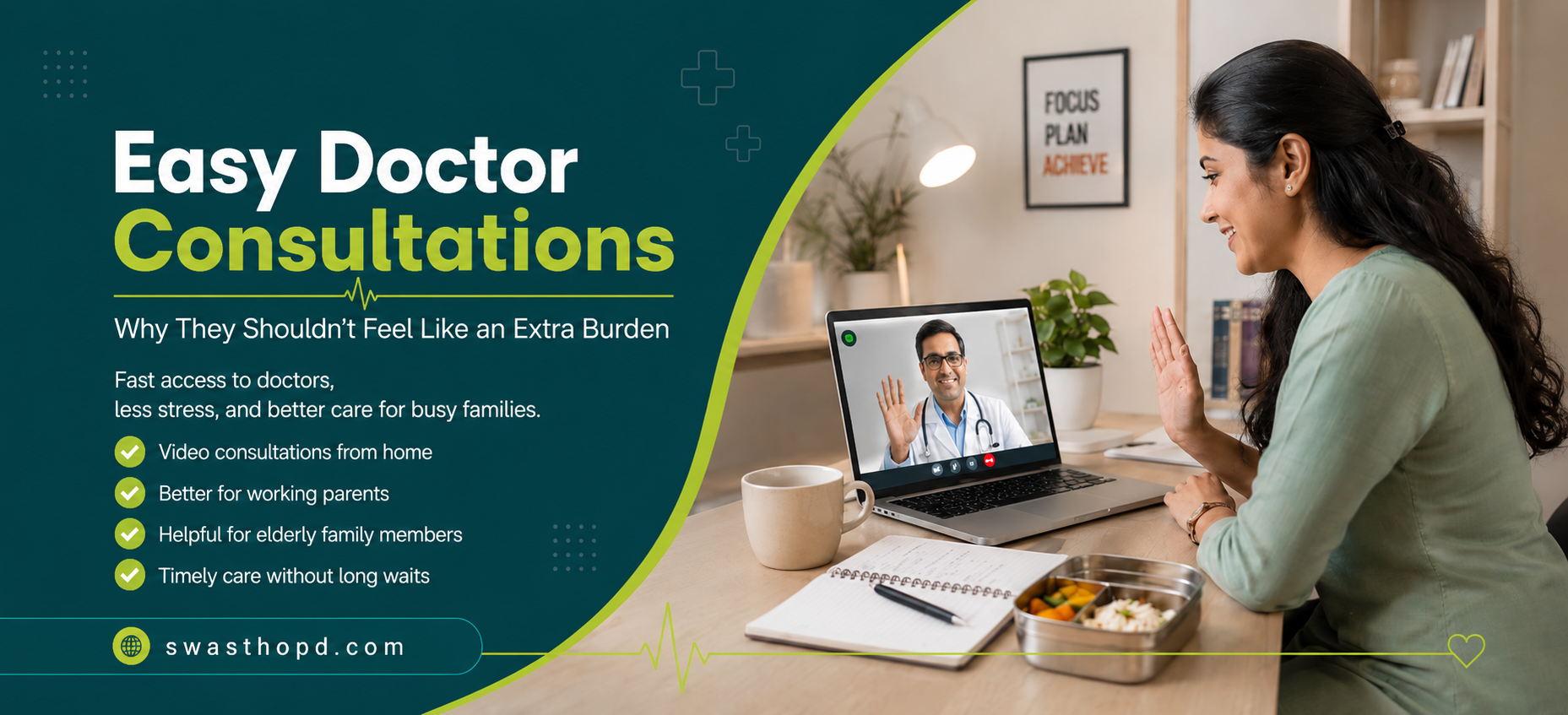 Indian woman having an online video consultation with a doctor from home, highlighting easy and stress-free healthcare access for busy families.