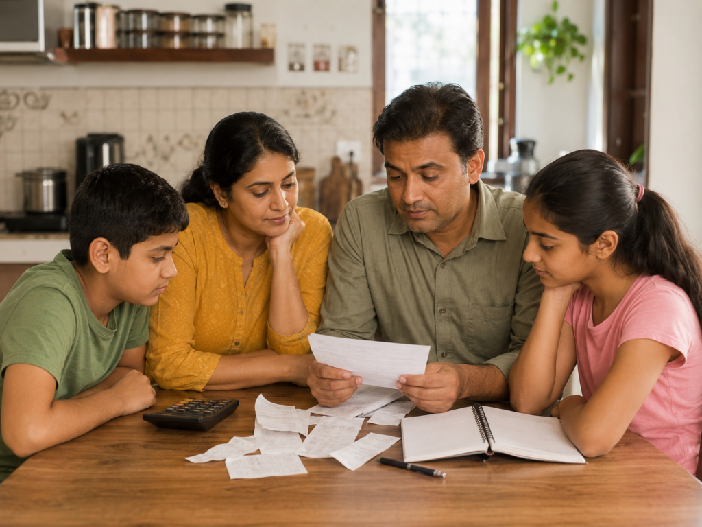 Indian family reviewing rising healthcare costs and monthly budget