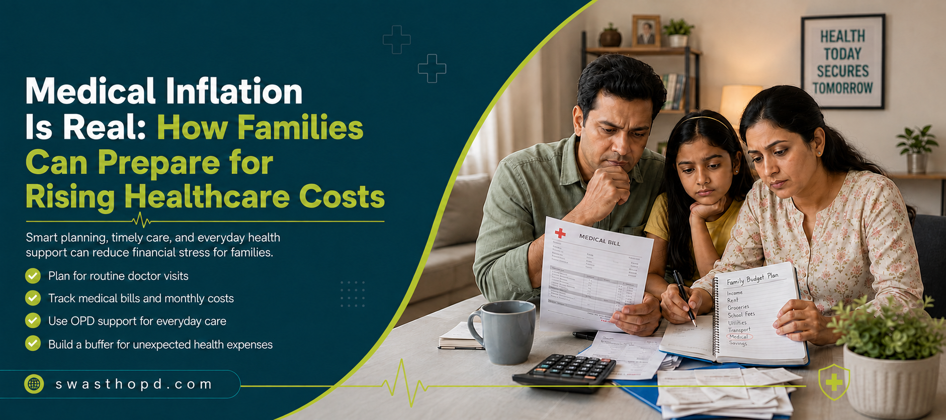 Indian family reviewing medical bills and a household budget, highlighting how families can prepare for rising healthcare costs.
