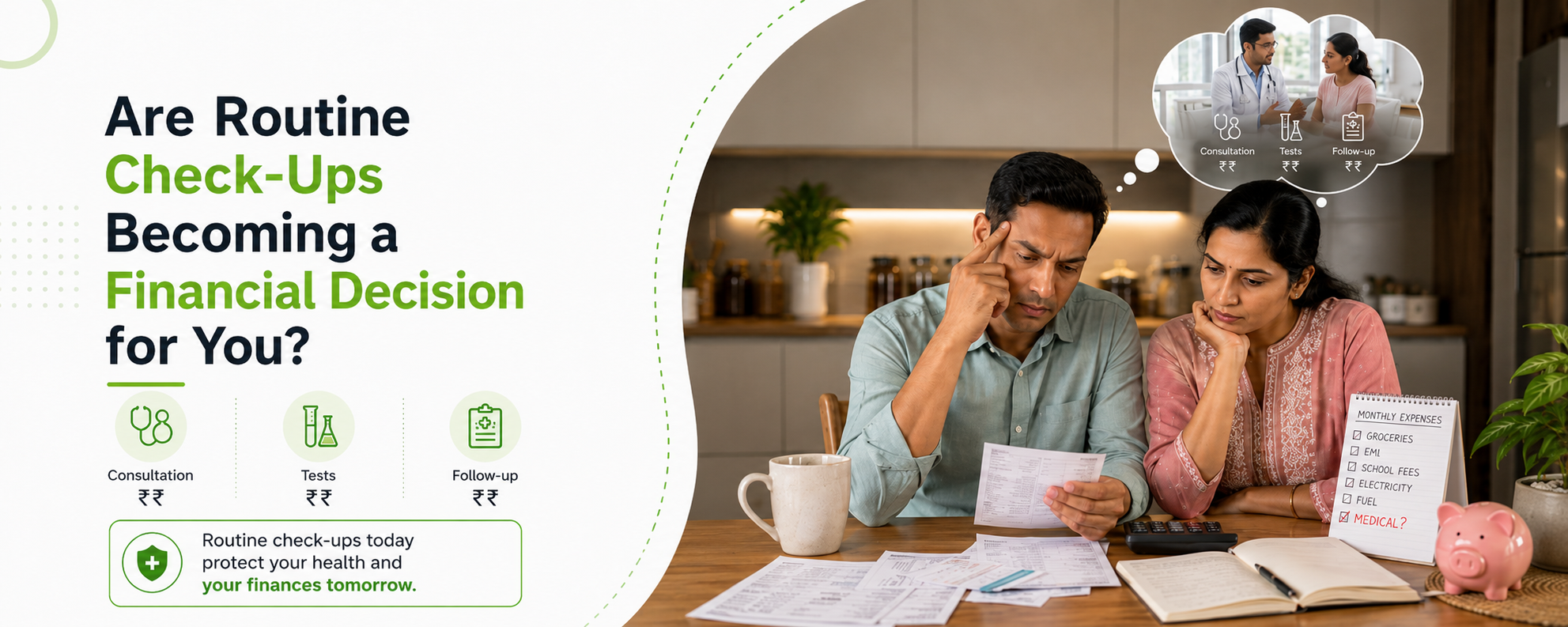 Indian couple reviewing household and medical bills while considering the financial impact of routine health check-ups.